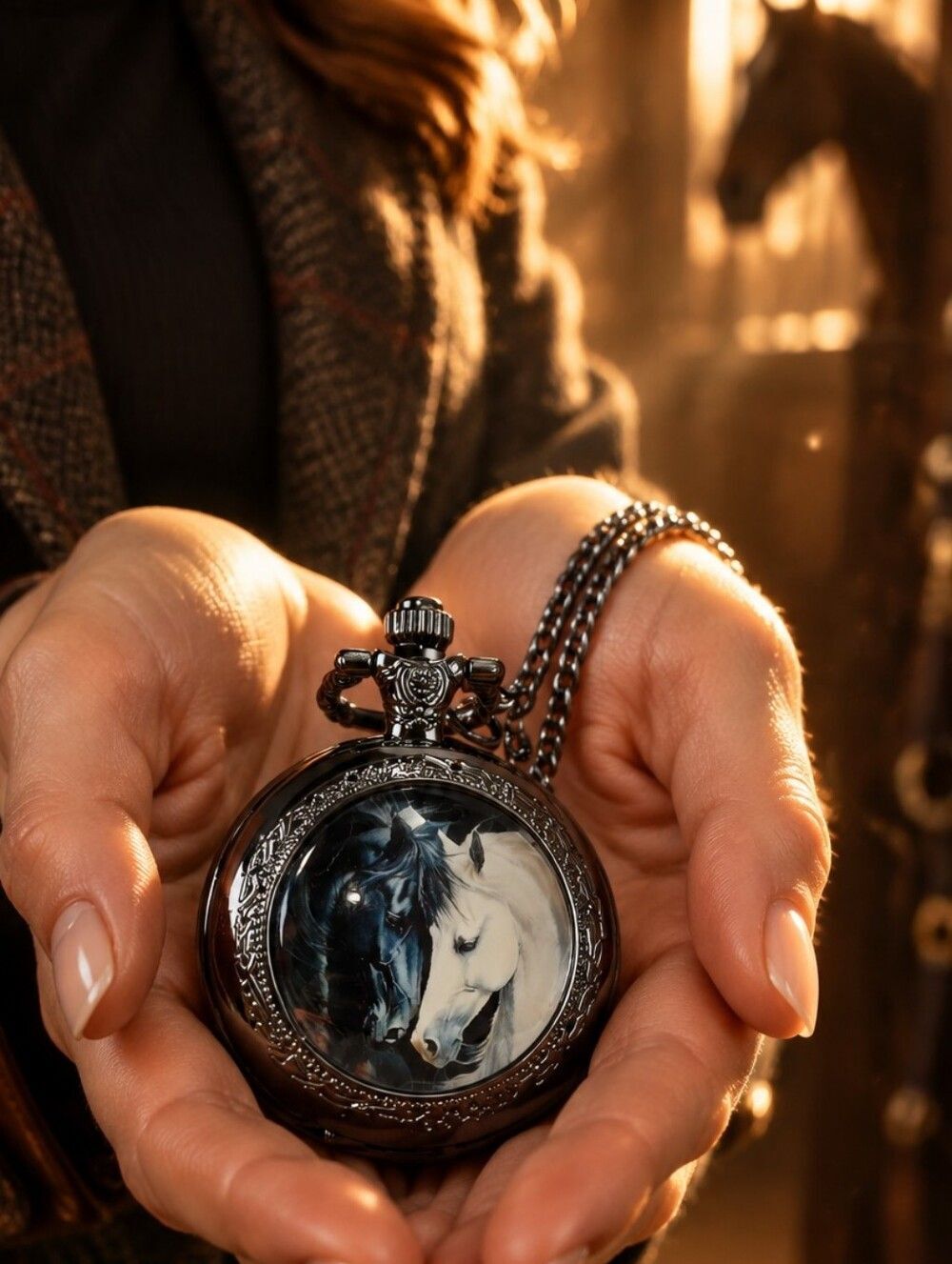 BlackâStallion White Horse Pocket Watch Pendant Necklace Steampunk Equestrian